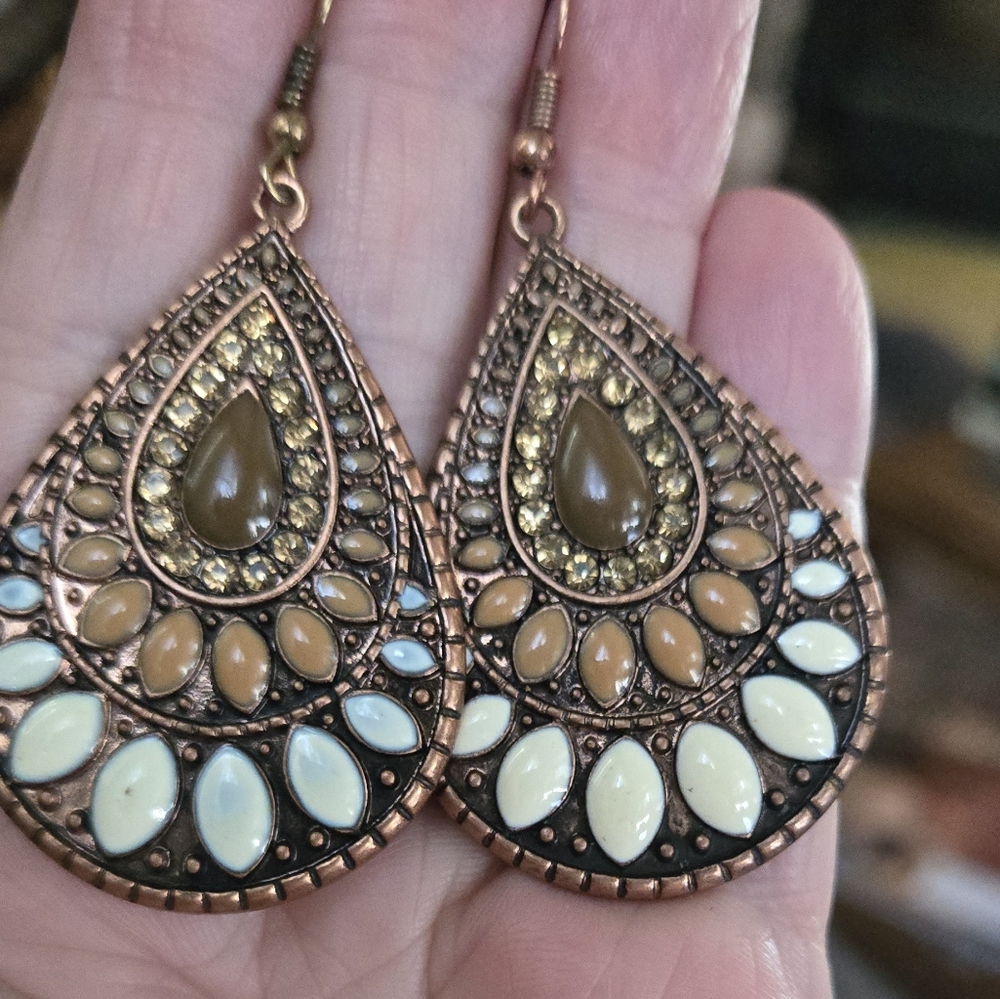 Copper Teardrop Earrings with Cream & Gold Accents - Picture 2 of 4